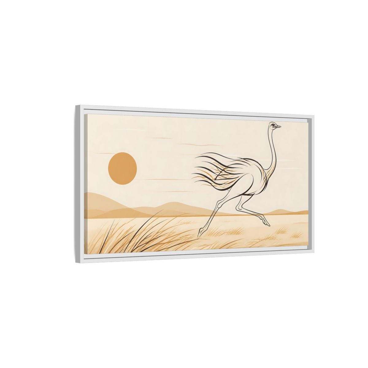 Side Mockup 1. Animals Ostrich Brown And Beige shown as stretched canvas wall art