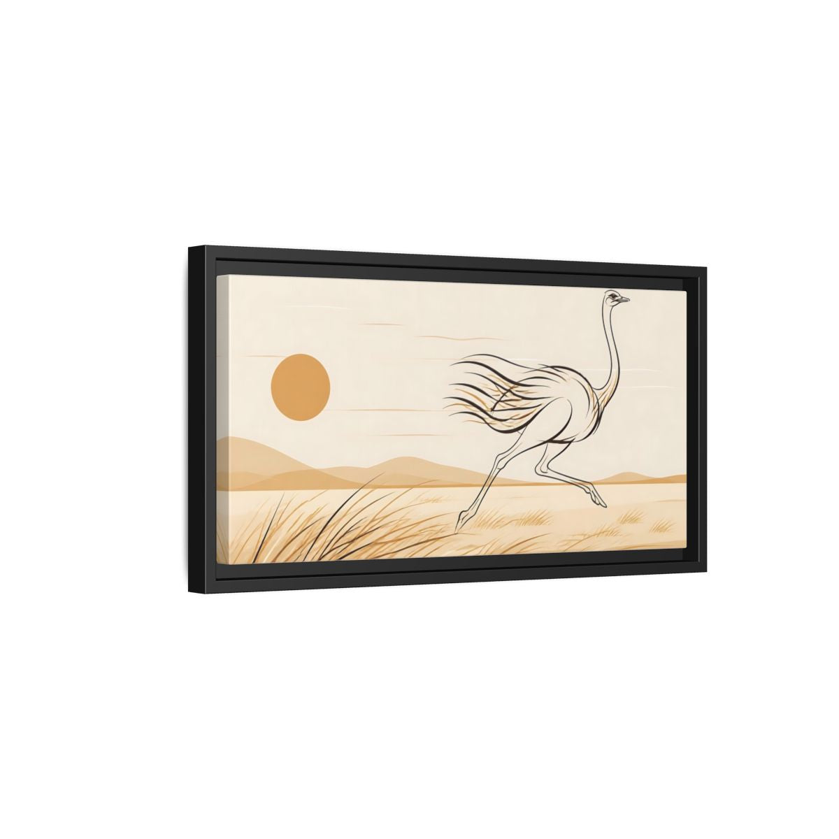 Side Mockup 8. Animals Ostrich Brown And Beige shown as stretched canvas wall art