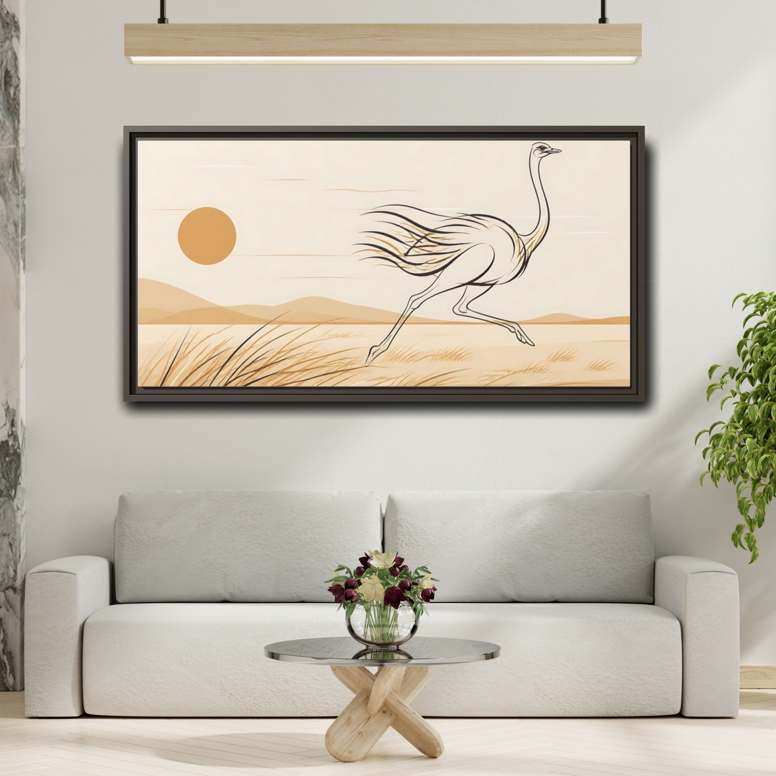Mockup 2. Animals Ostrich Brown And Beige shown as stretched canvas wall art