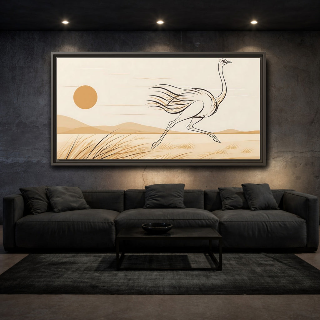 Mockup 3. Animals Ostrich Brown And Beige shown as stretched canvas wall art