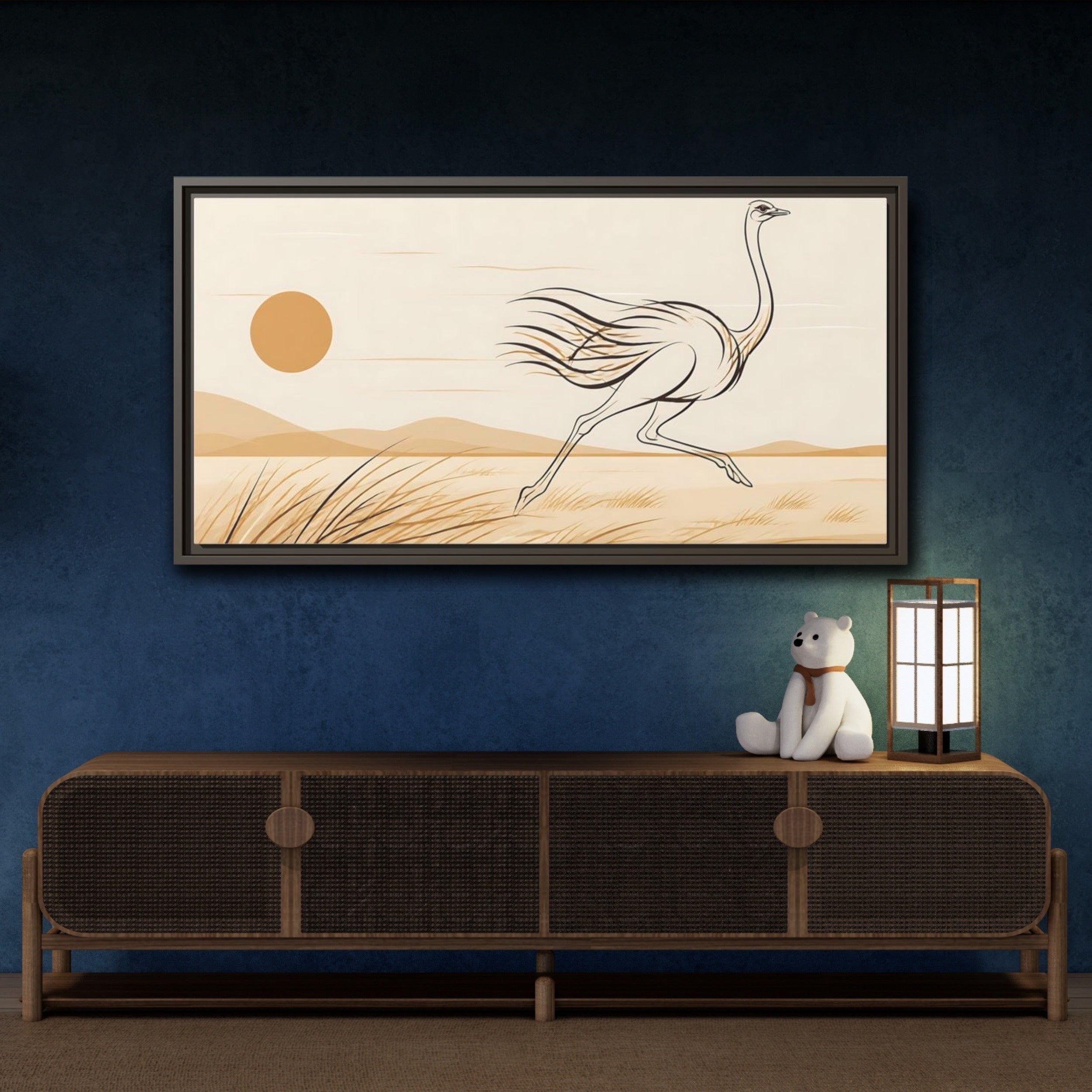 Mockup 4. Animals Ostrich Brown And Beige shown as stretched canvas wall art