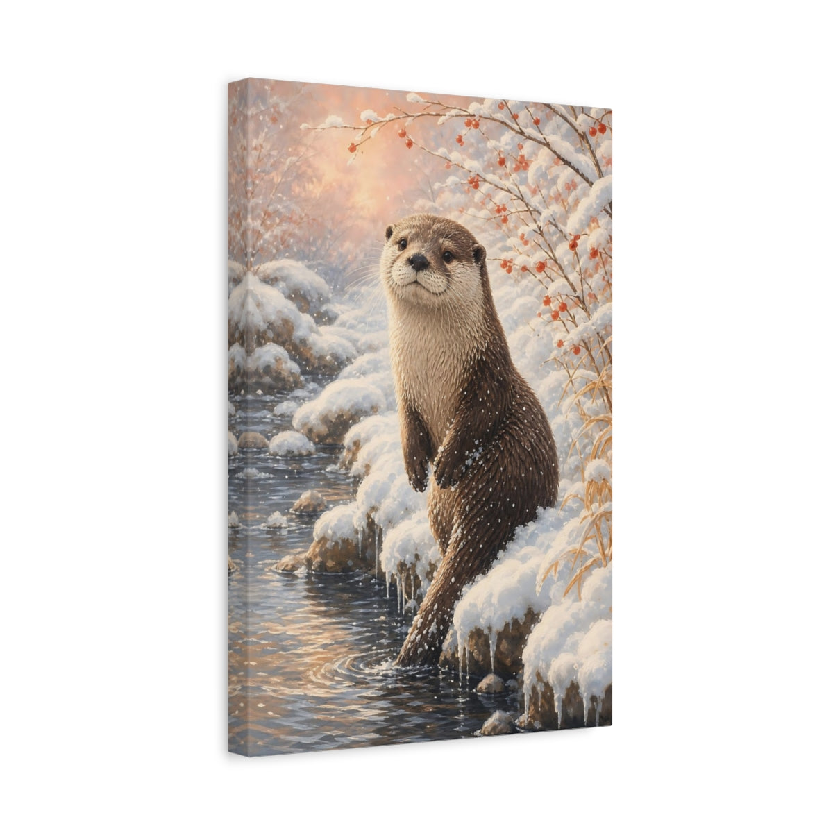Side Mockup 4. Animals Otter Winter Otter shown as stretched canvas wall art