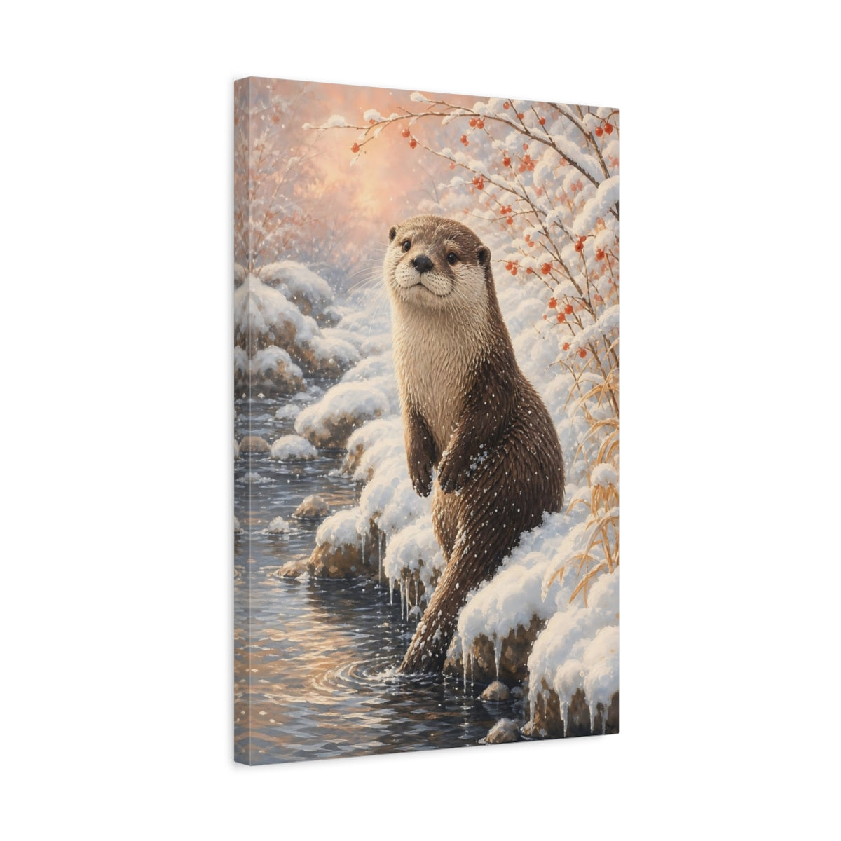 Side Mockup 3. Animals Otter Winter Otter shown as stretched canvas wall art