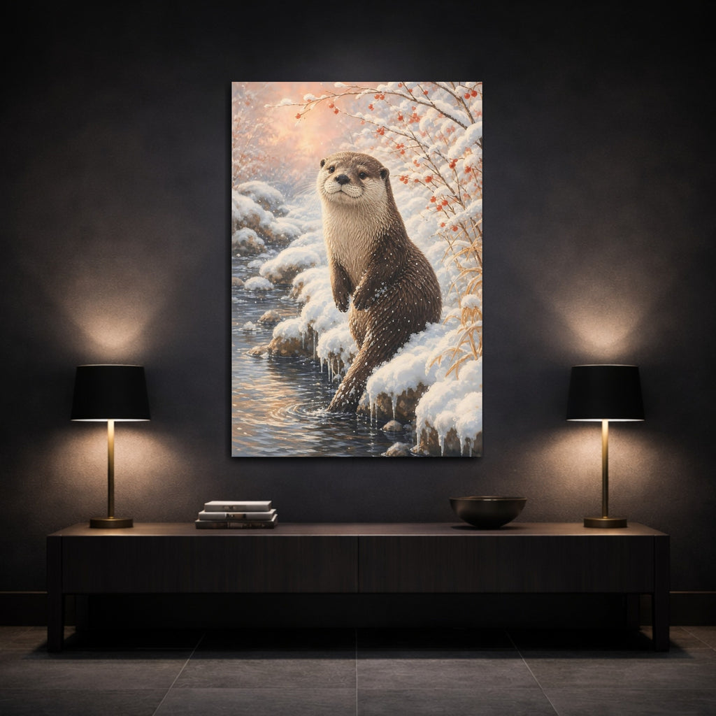 Mockup 3. Animals Otter Winter Otter shown as stretched canvas wall art