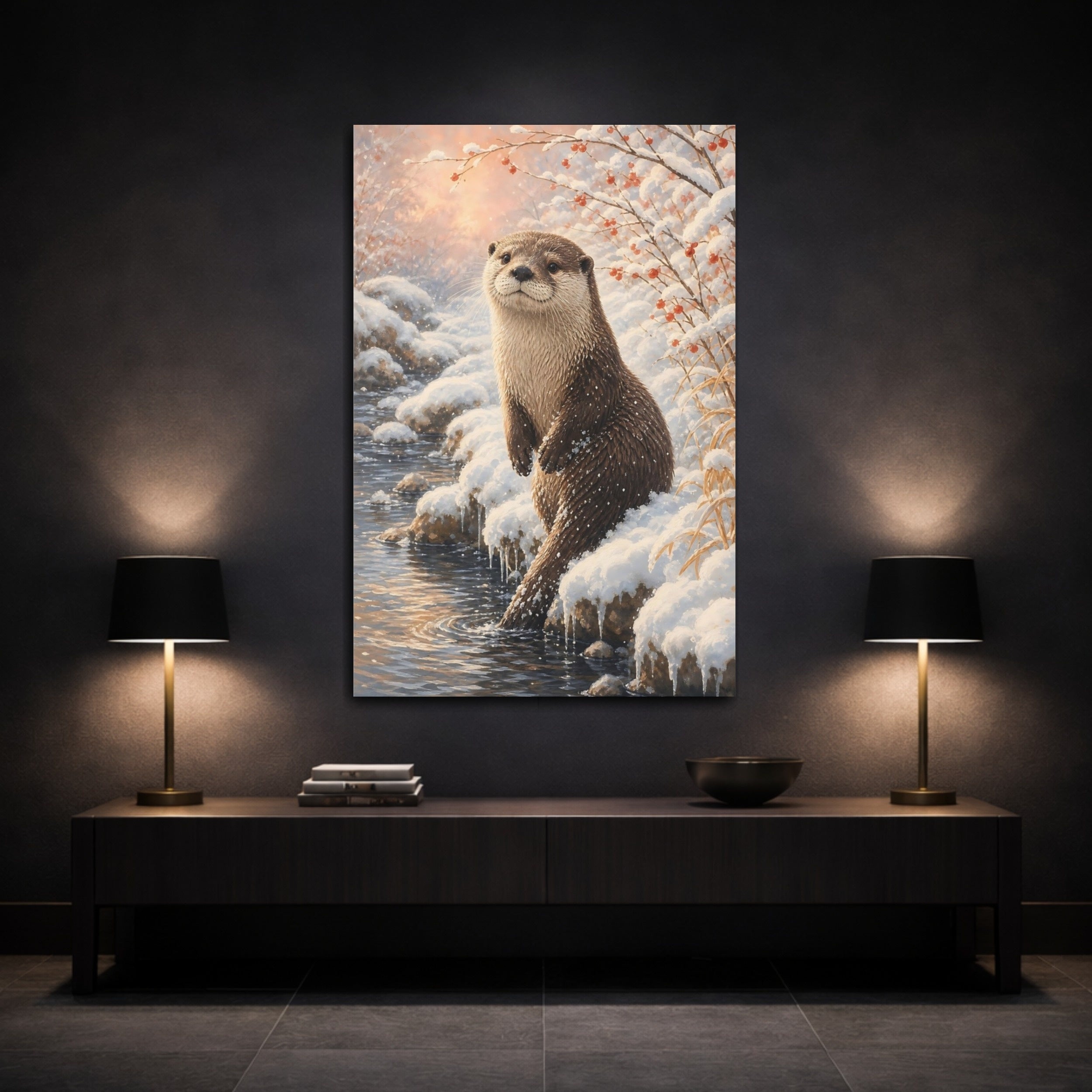 Mockup 3. Animals Otter Winter Otter shown as stretched canvas wall art
