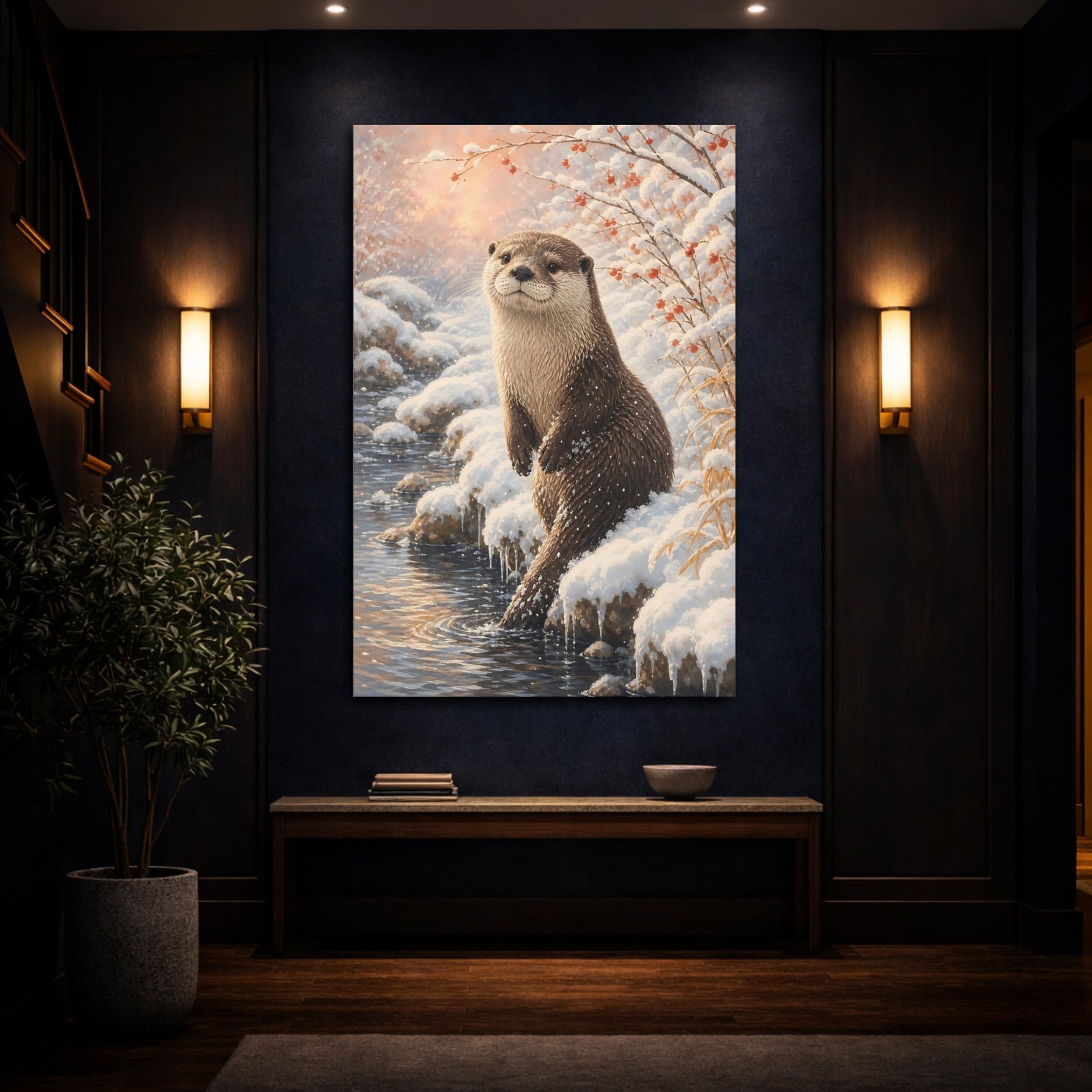 Mockup 4. Animals Otter Winter Otter shown as stretched canvas wall art
