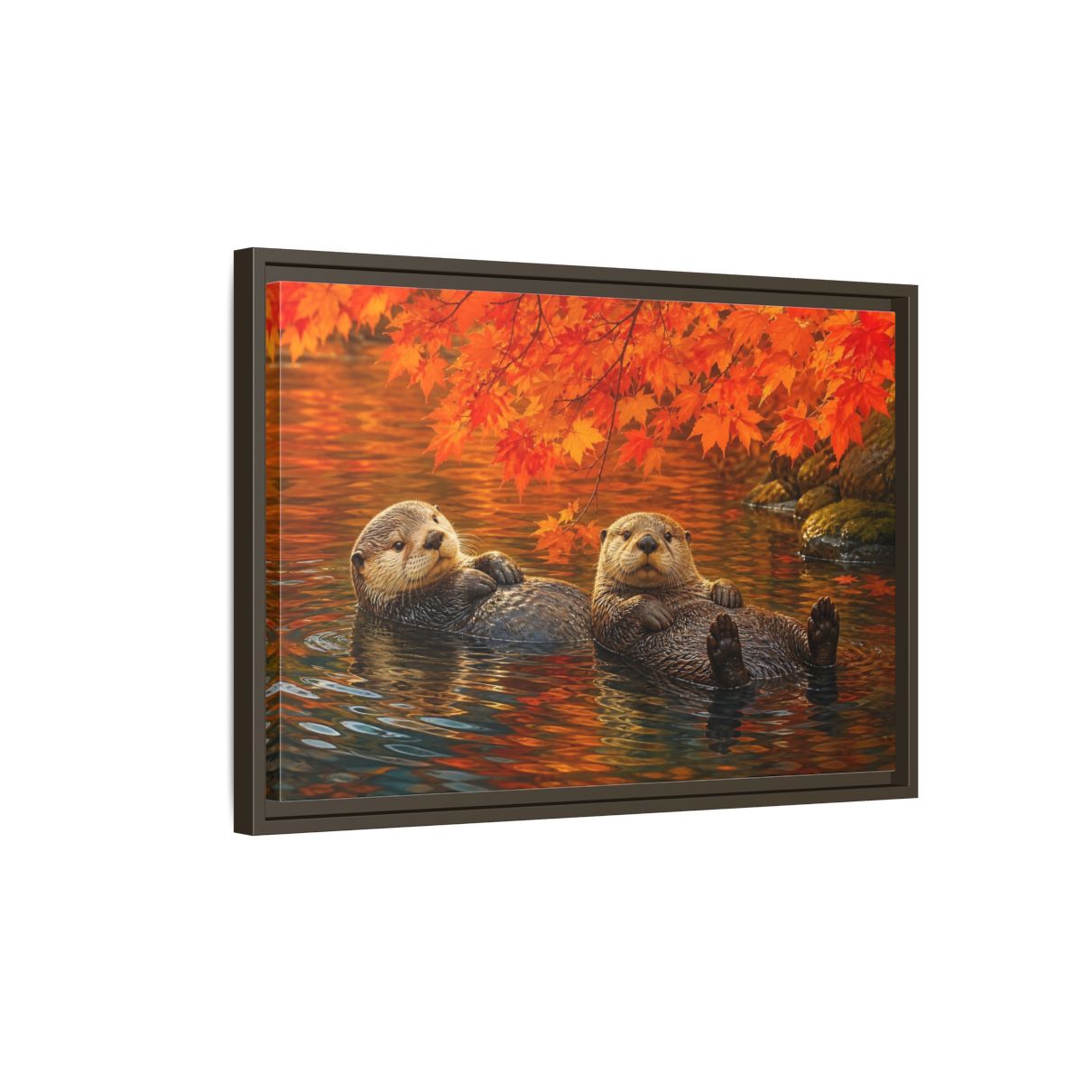Side Mockup 2. Animals Otters Orange And Brown shown as stretched canvas wall art
