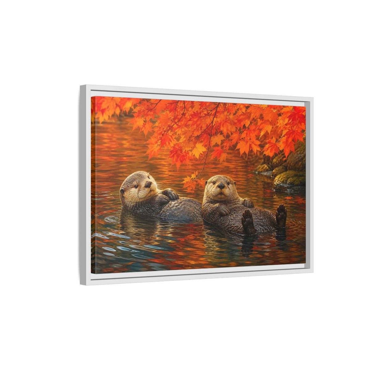 Side Mockup 1. Animals Otters Orange And Brown shown as stretched canvas wall art