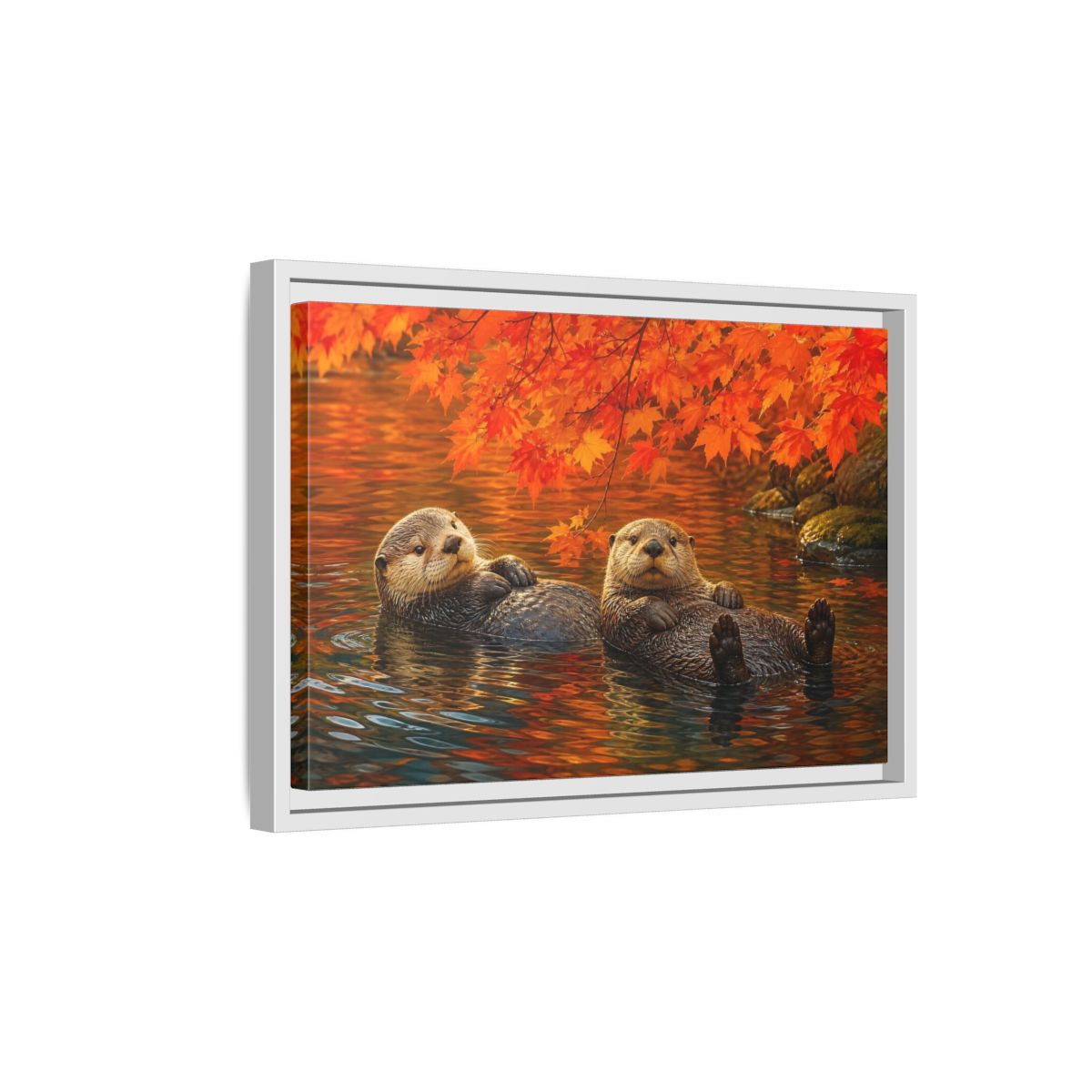 Side Mockup 4. Animals Otters Orange And Brown shown as stretched canvas wall art