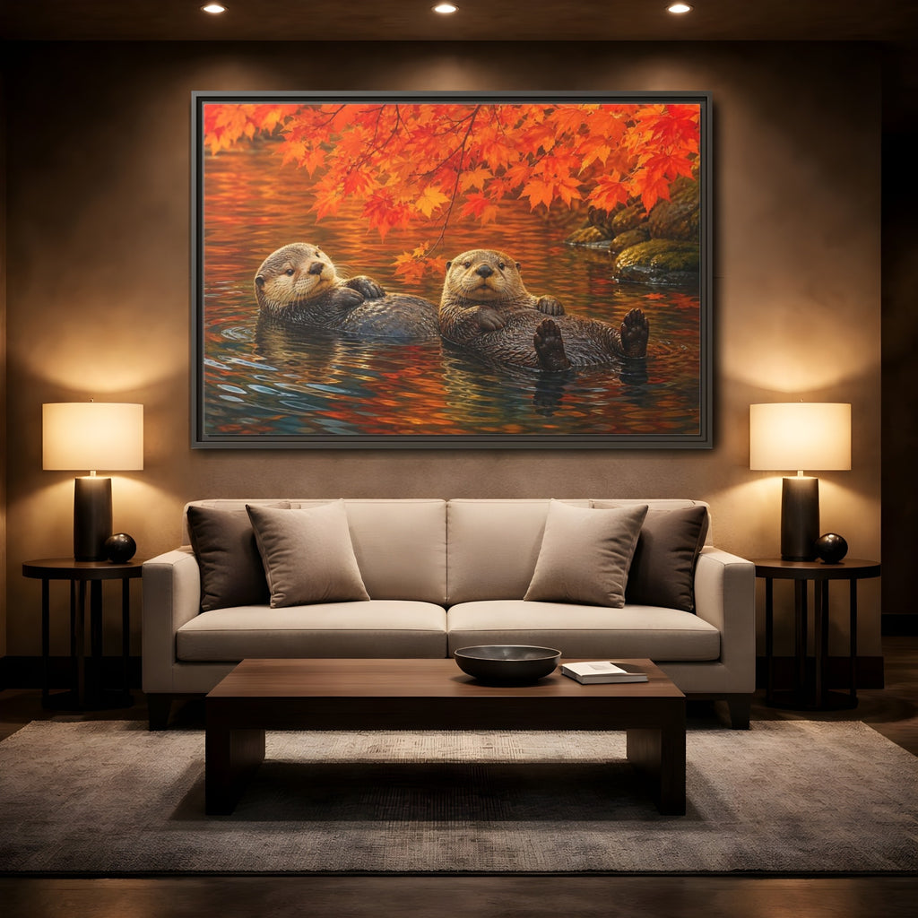 Mockup 2. Animals Otters Orange And Brown shown as stretched canvas wall art