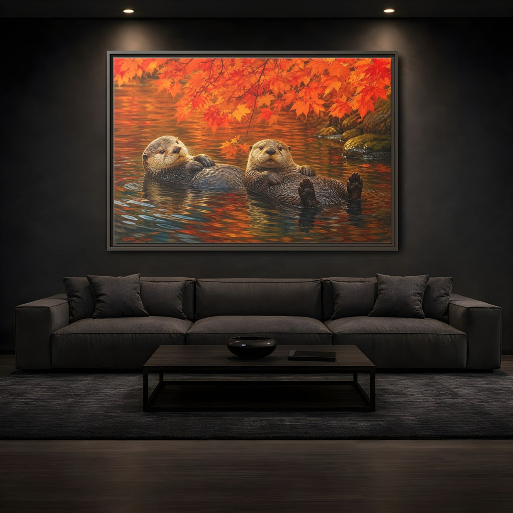 Mockup 3. Animals Otters Orange And Brown shown as stretched canvas wall art
