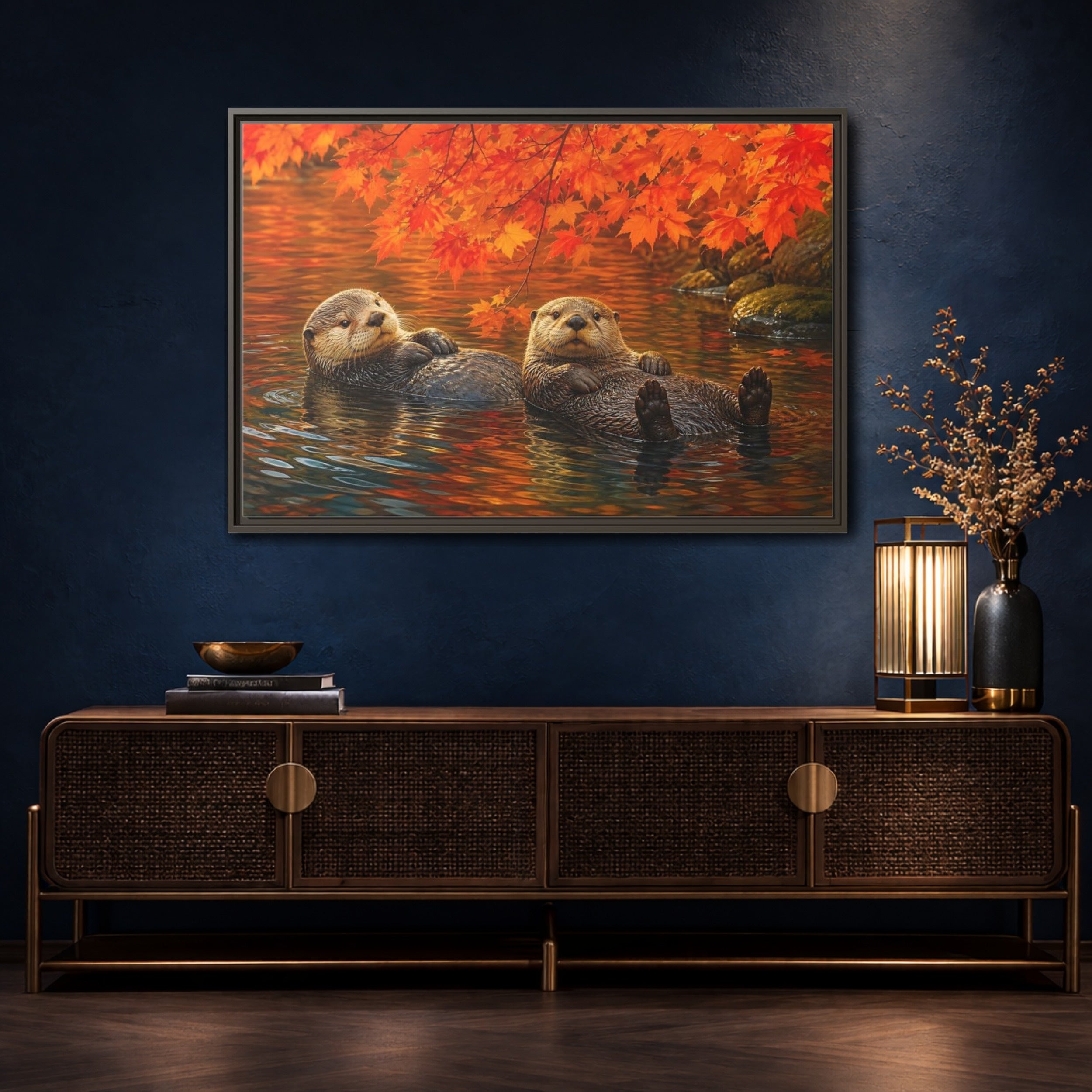 Mockup 4. Animals Otters Orange And Brown shown as stretched canvas wall art