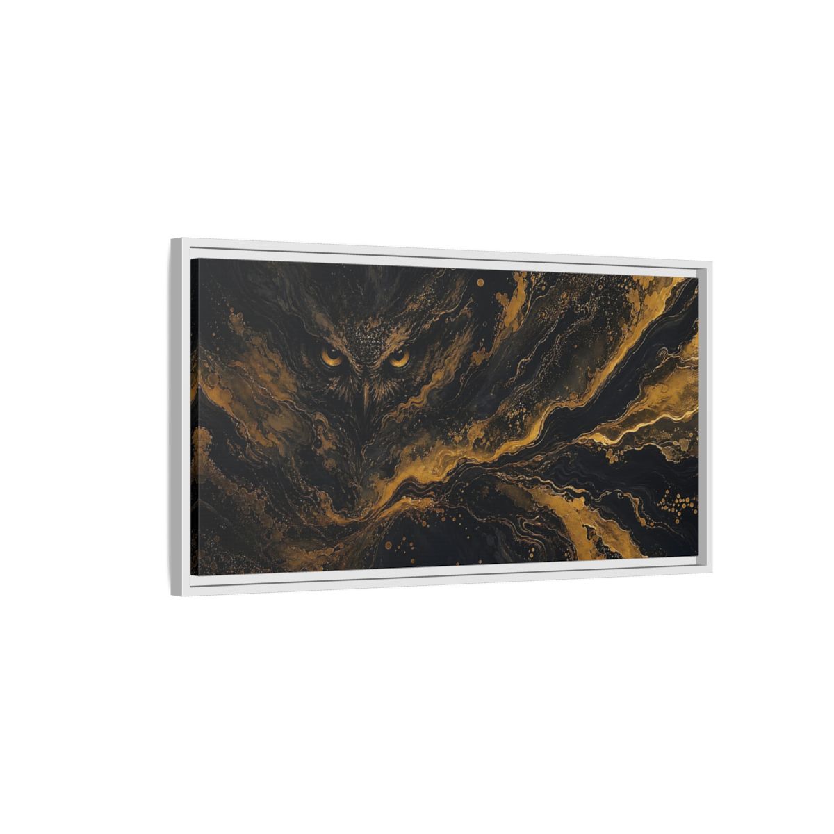 Side Mockup 1. Animals Owl Black Gold Owl shown as stretched canvas wall art
