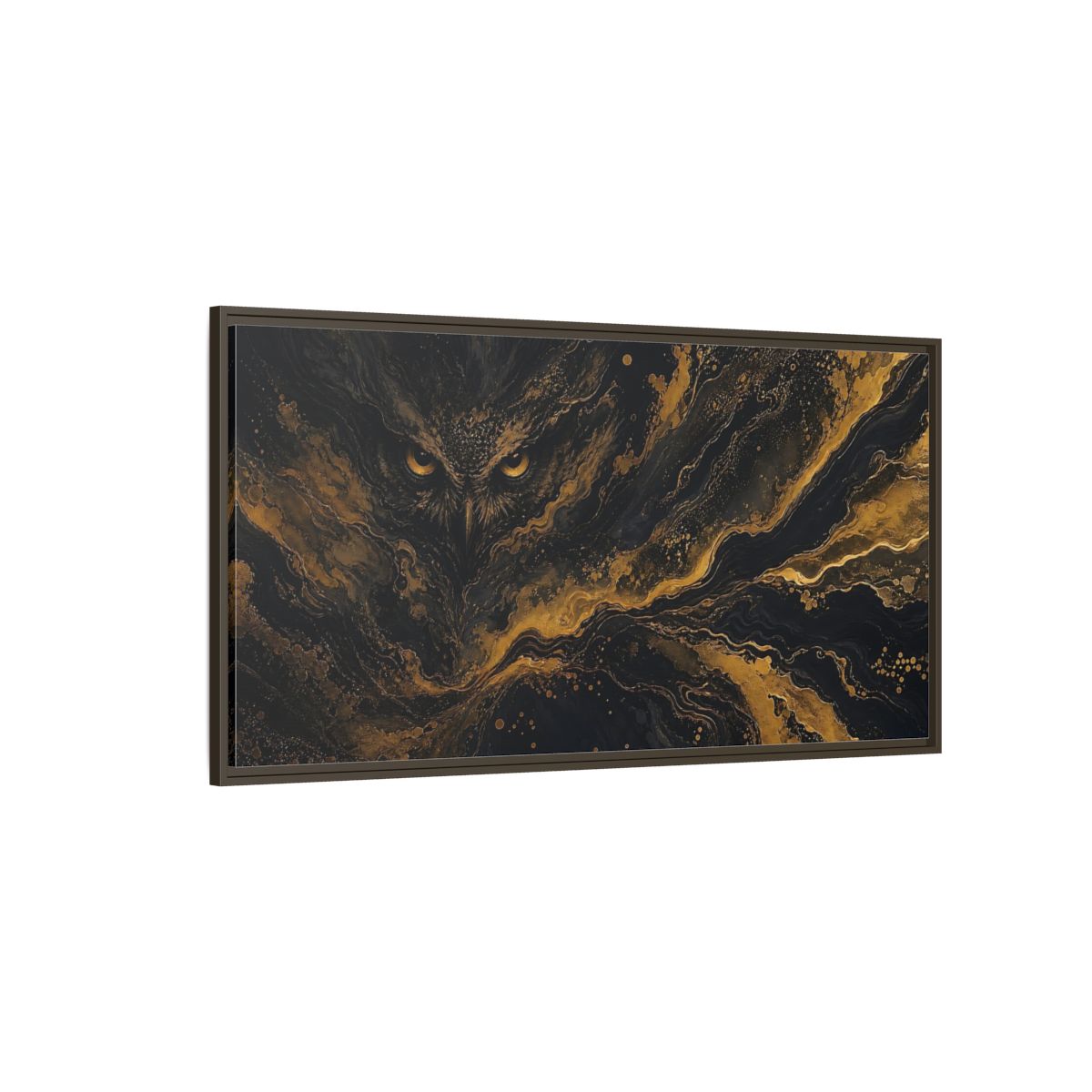 Side Mockup 4. Animals Owl Black Gold Owl shown as stretched canvas wall art