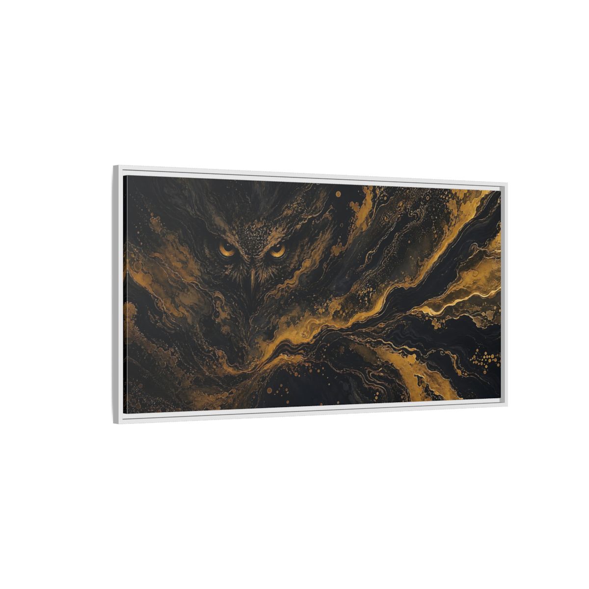 Side Mockup 3. Animals Owl Black Gold Owl shown as stretched canvas wall art