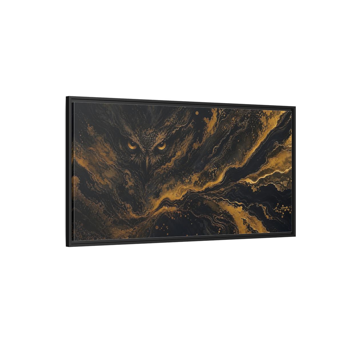 Side Mockup 5. Animals Owl Black Gold Owl shown as stretched canvas wall art