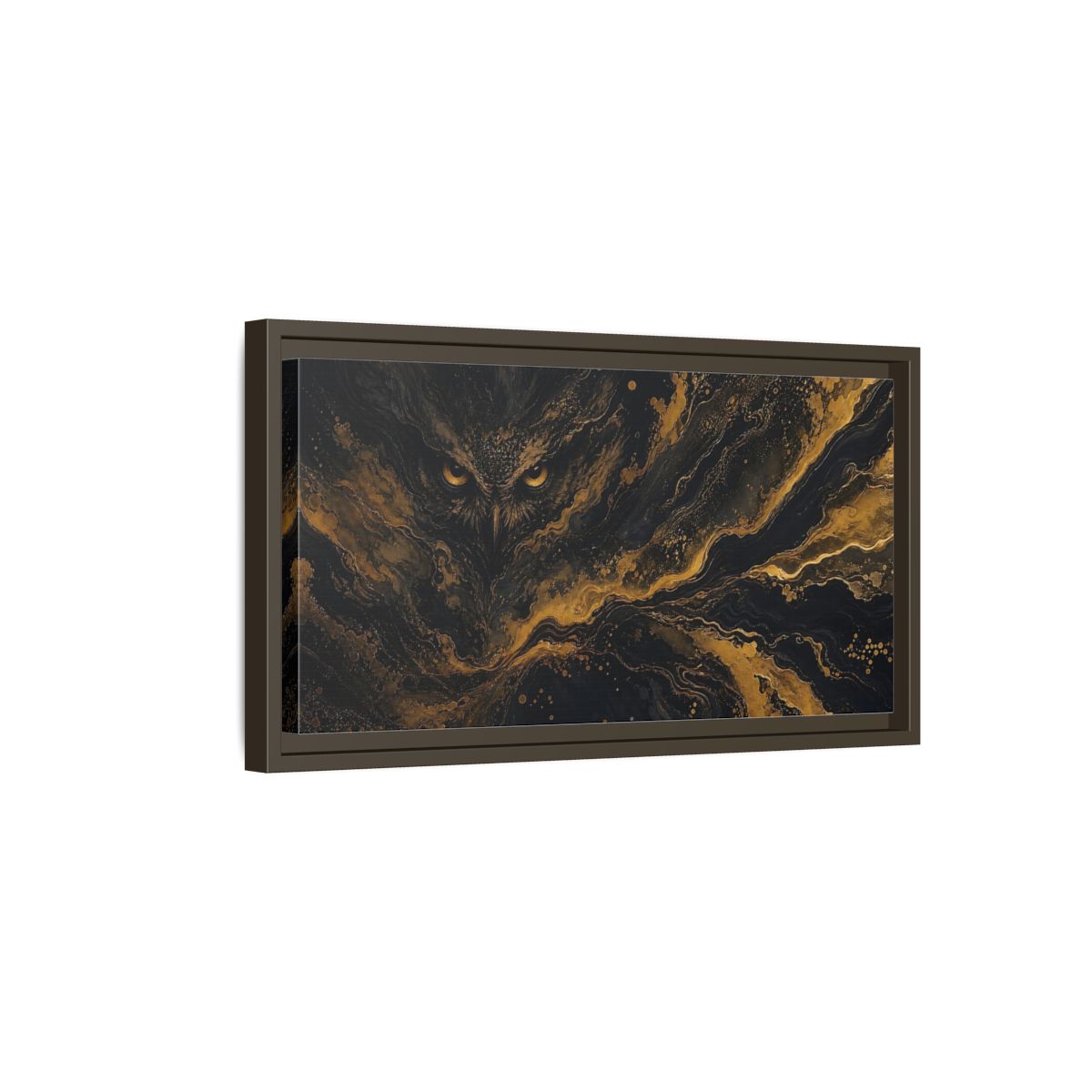Side Mockup 7. Animals Owl Black Gold Owl shown as stretched canvas wall art