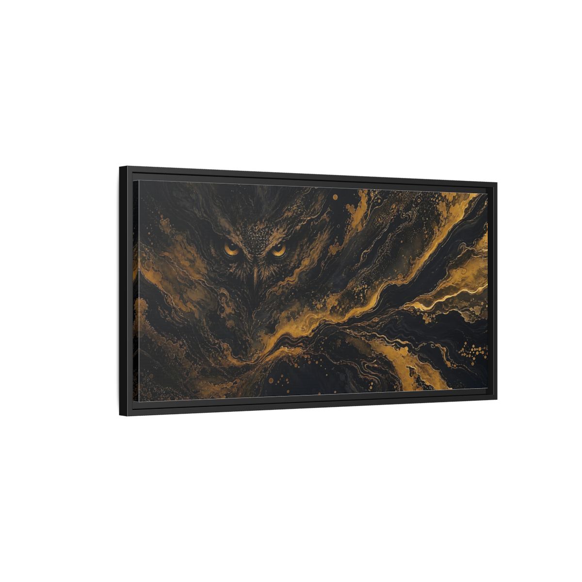 Side Mockup 2. Animals Owl Black Gold Owl shown as stretched canvas wall art