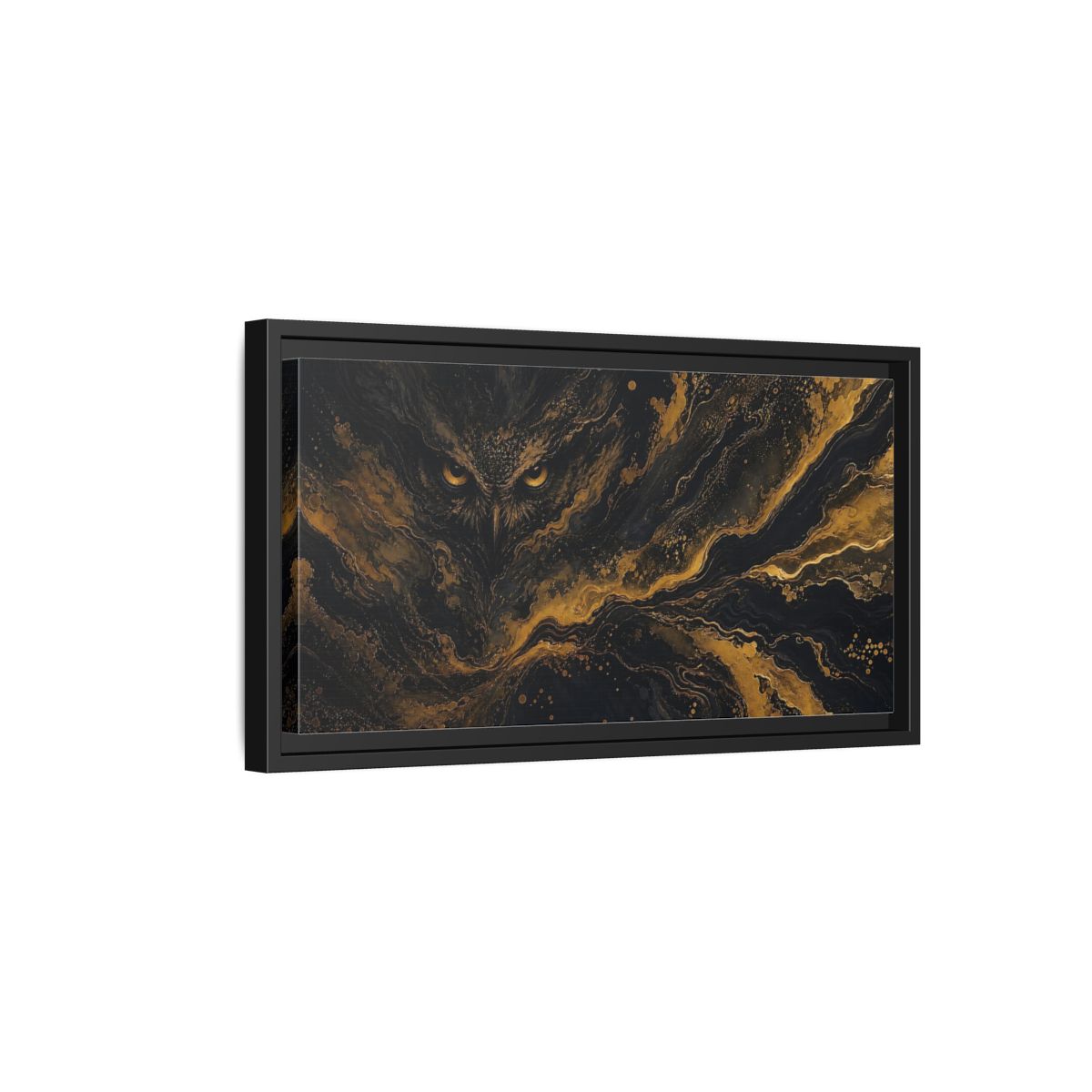 Side Mockup 8. Animals Owl Black Gold Owl shown as stretched canvas wall art