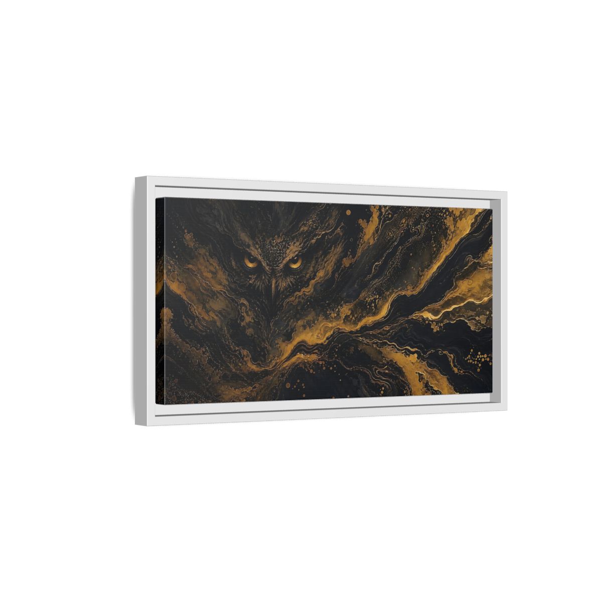 Side Mockup 6. Animals Owl Black Gold Owl shown as stretched canvas wall art