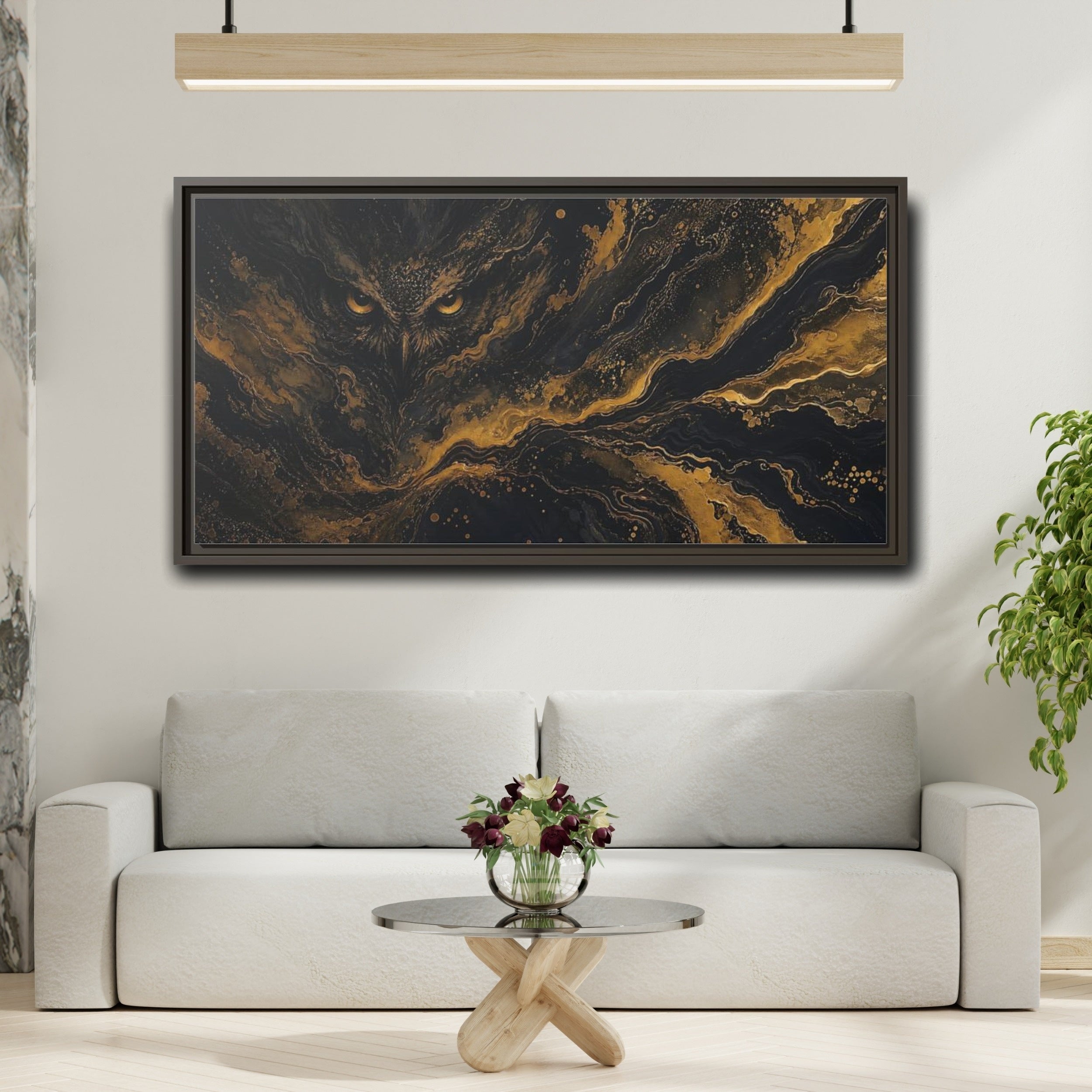 Mockup 2. Animals Owl Black Gold Owl shown as stretched canvas wall art