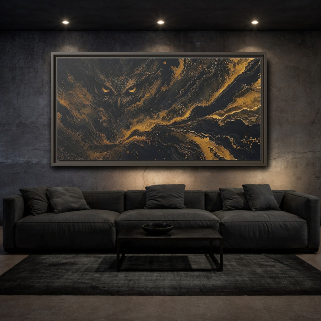 Mockup 3. Animals Owl Black Gold Owl shown as stretched canvas wall art