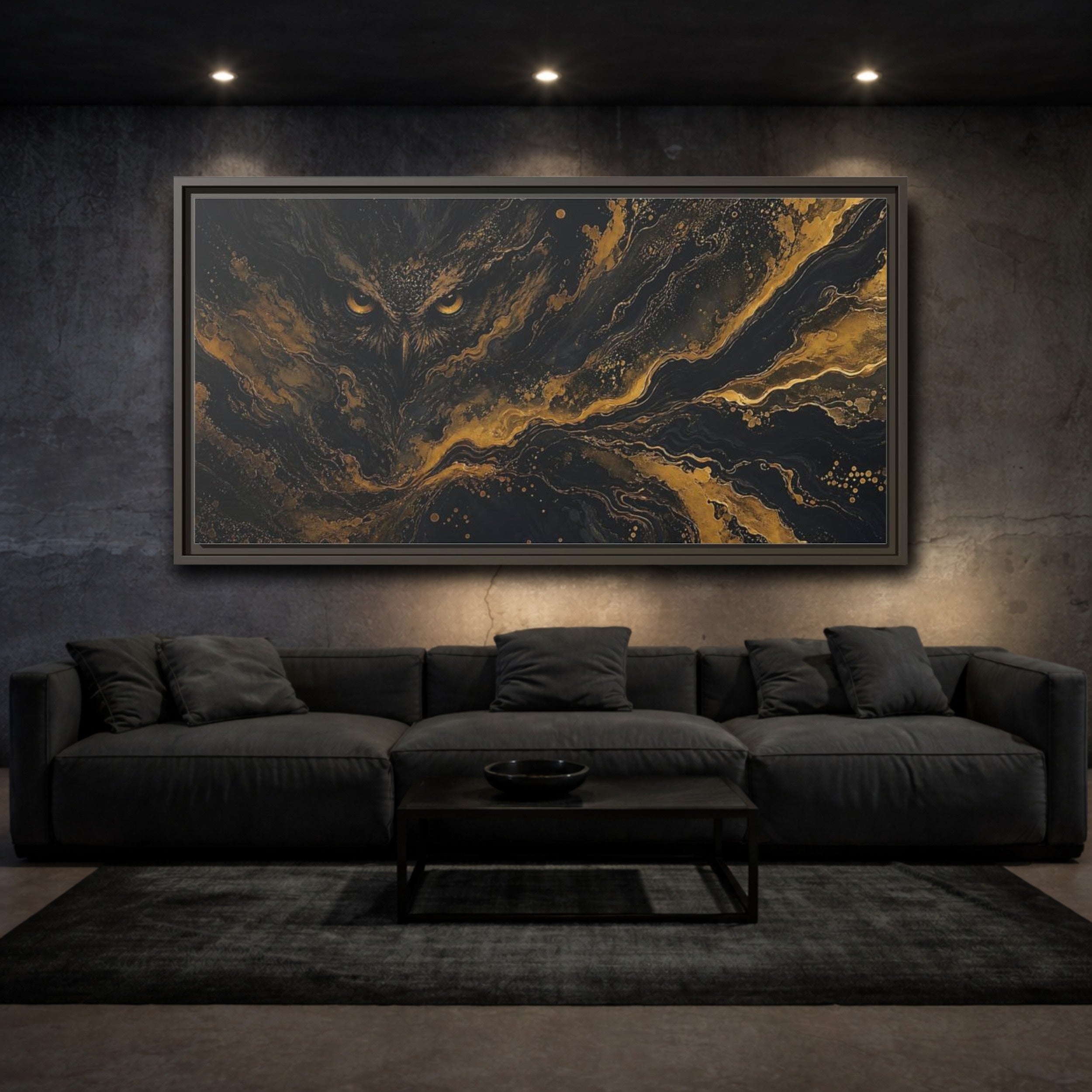 Mockup 3. Animals Owl Black Gold Owl shown as stretched canvas wall art