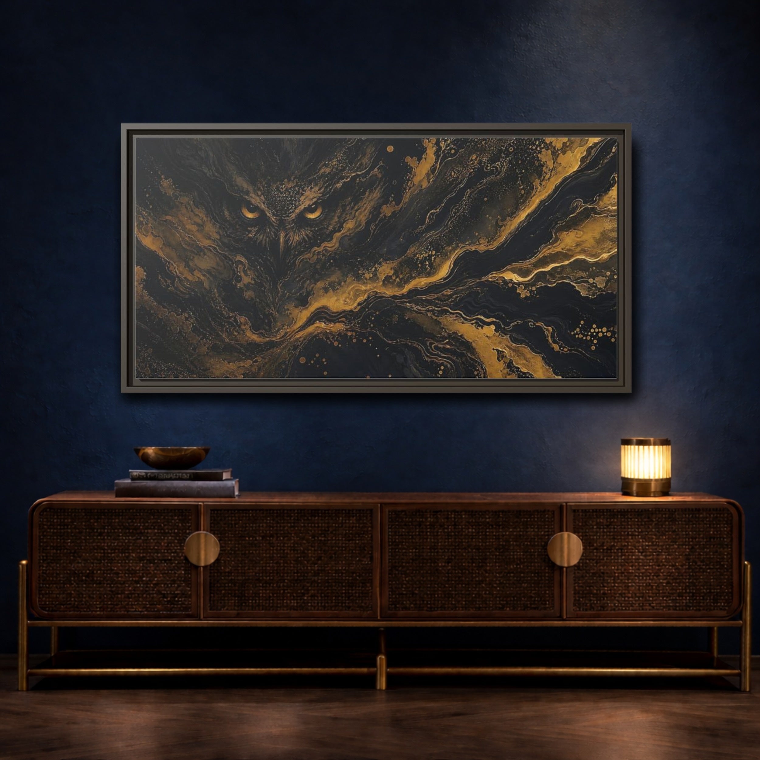Mockup 4. Animals Owl Black Gold Owl shown as stretched canvas wall art