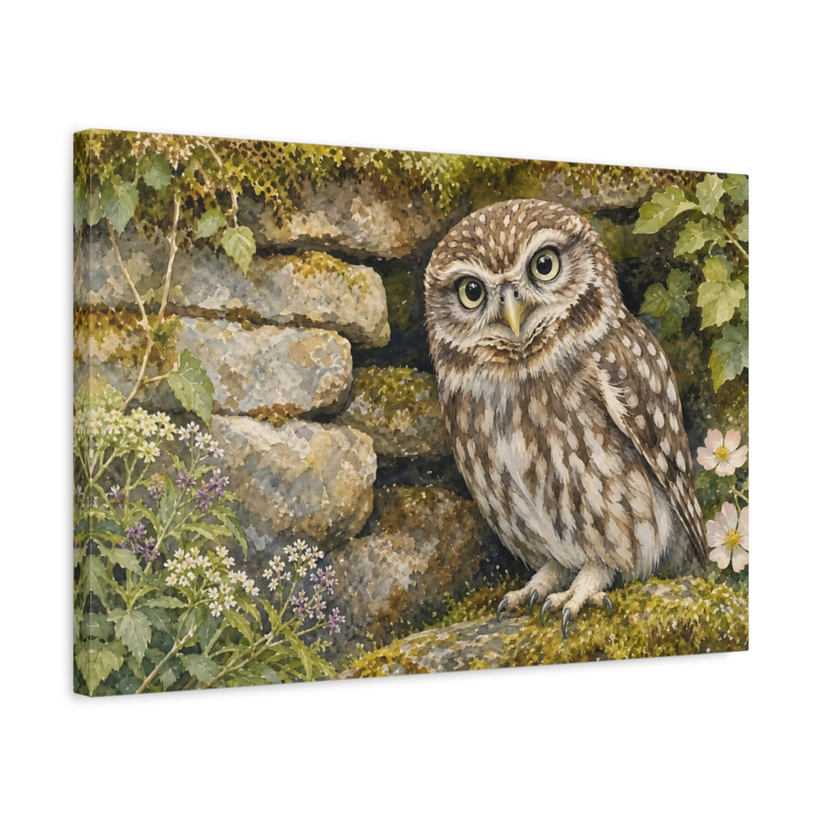 Side Mockup 3. Animals Owl Brown And Green shown as canvas print