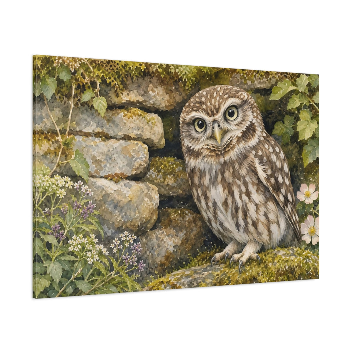 Side Mockup 1. Animals Owl Brown And Green shown as canvas print