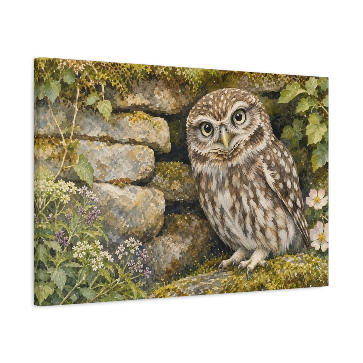 Side Mockup 2. Animals Owl Brown And Green shown as canvas print