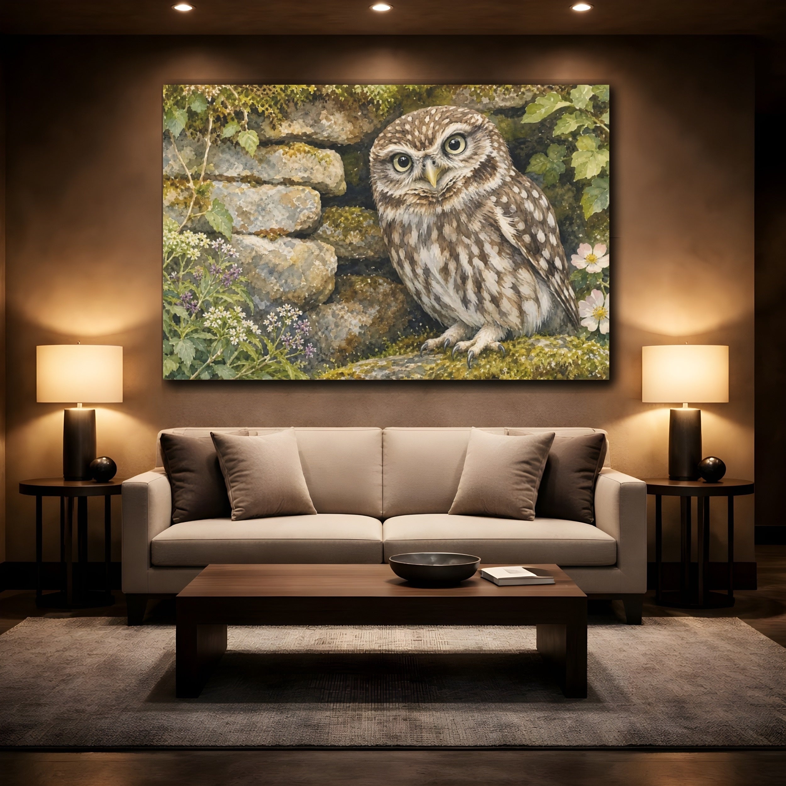 Mockup 2. Animals Owl Brown And Green shown as canvas print