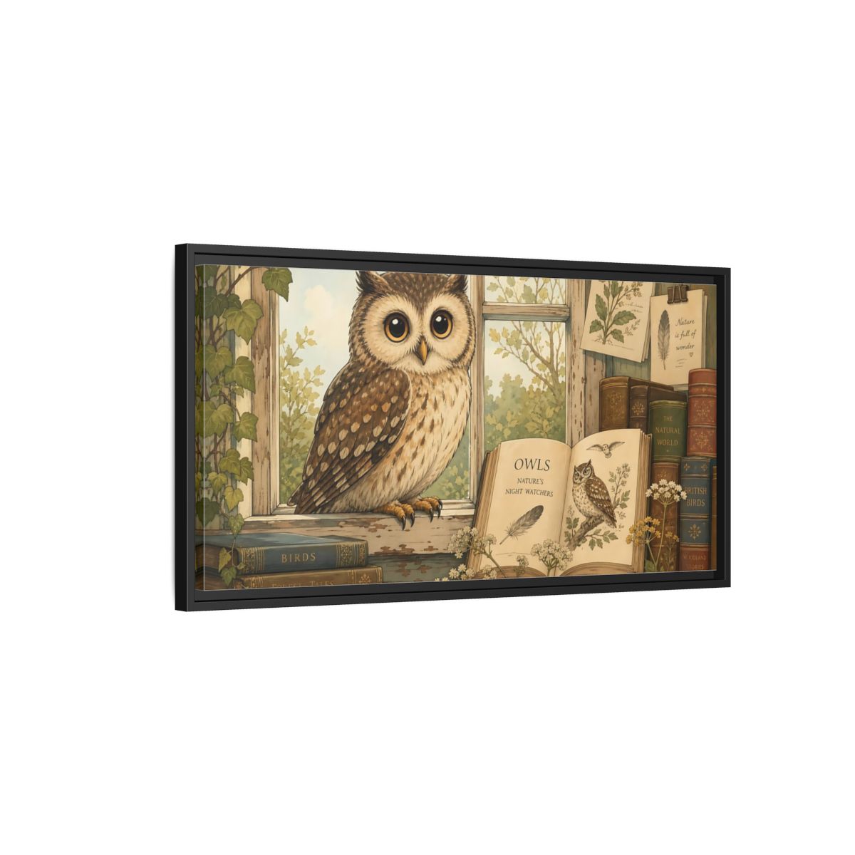Side Mockup 2. Animals Owl Brown Owl shown as stretched canvas wall art