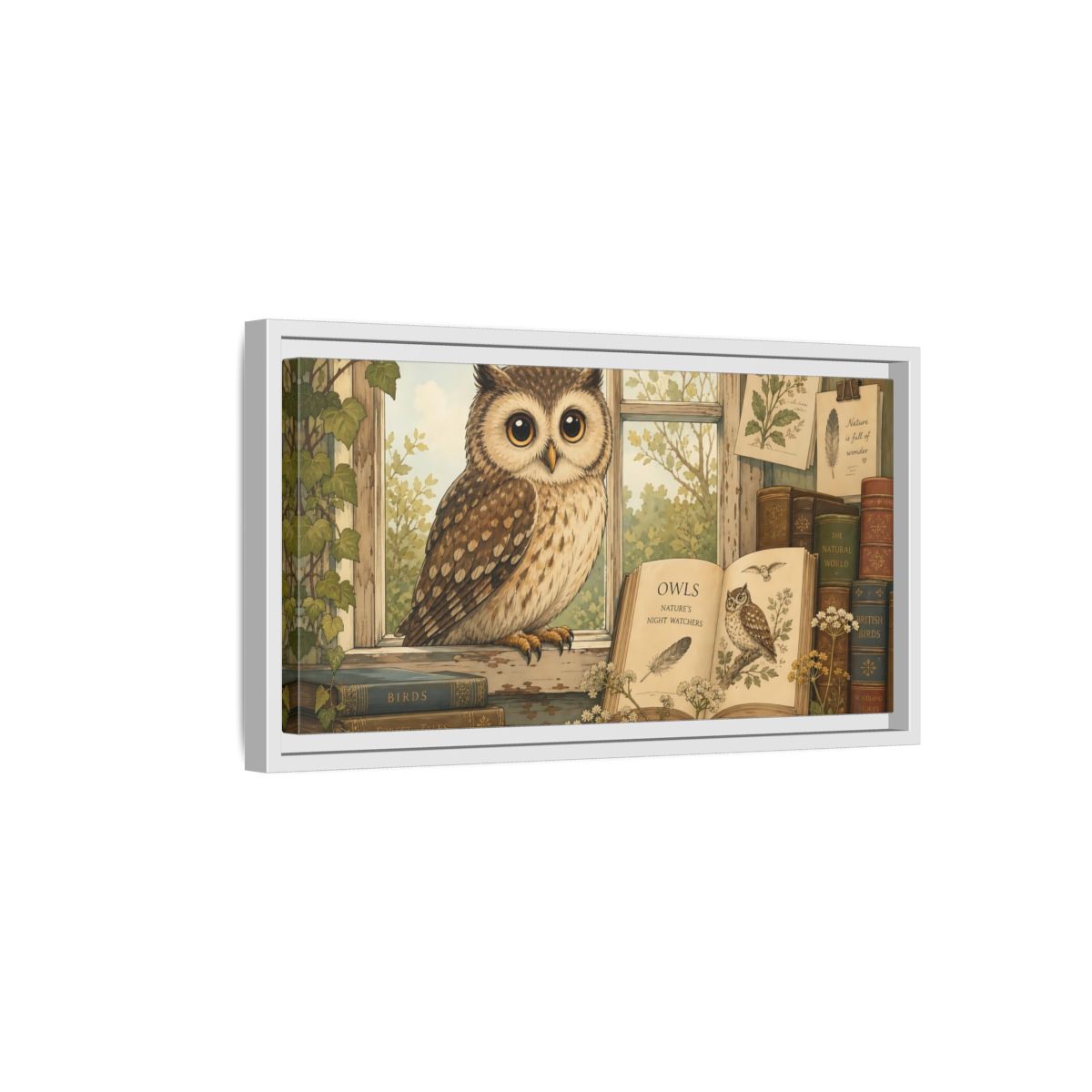 Side Mockup 6. Animals Owl Brown Owl shown as stretched canvas wall art