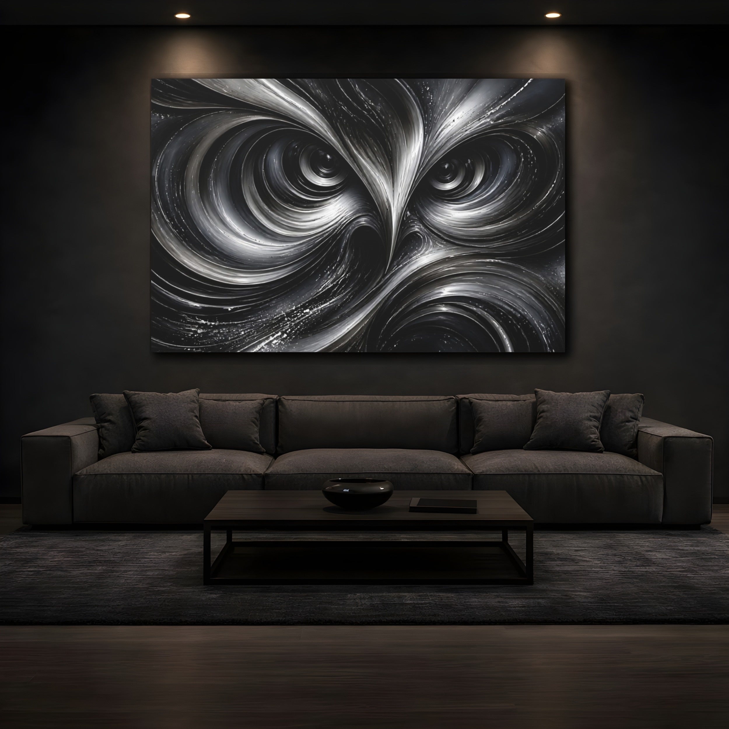 Mockup 3. Animals Owl Monochrome Owl shown as stretched canvas wall art