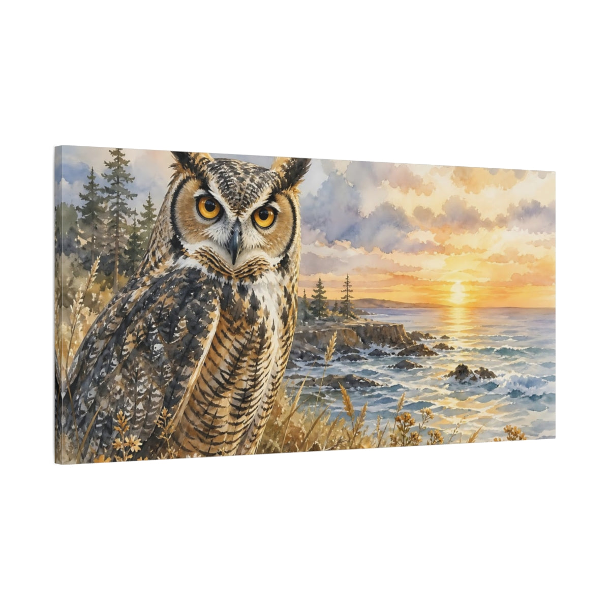 Main Mockup. Animals Owl Owl Coastal Sunset shown as stretched canvas wall art