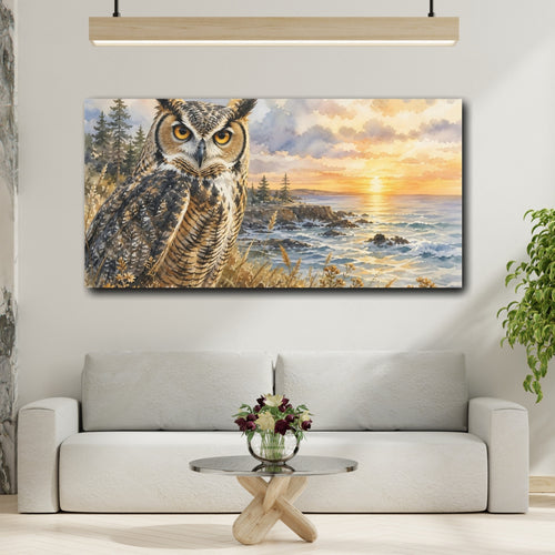 Mockup 2. Animals Owl Owl Coastal Sunset shown as stretched canvas wall art