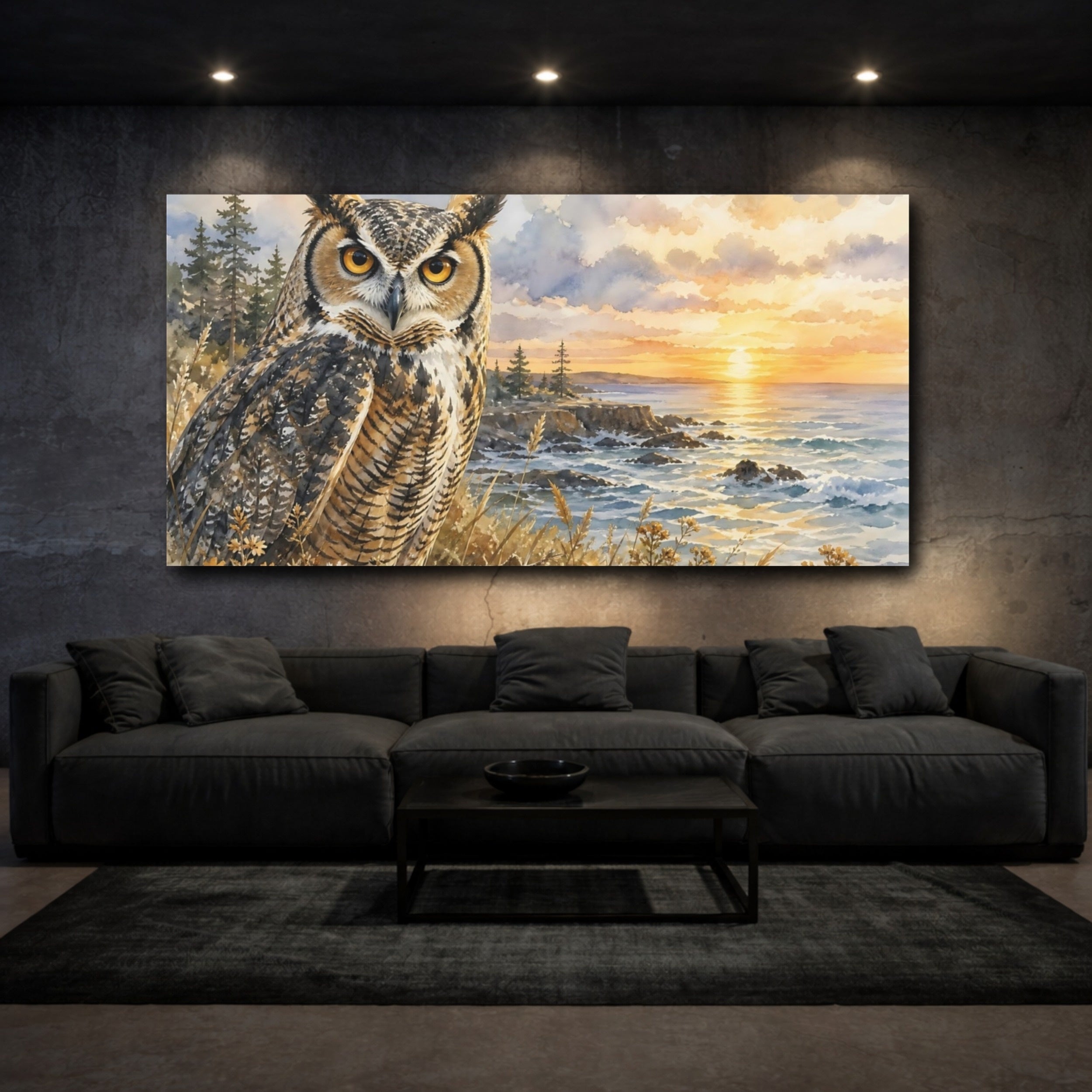 Mockup 3. Animals Owl Owl Coastal Sunset shown as stretched canvas wall art