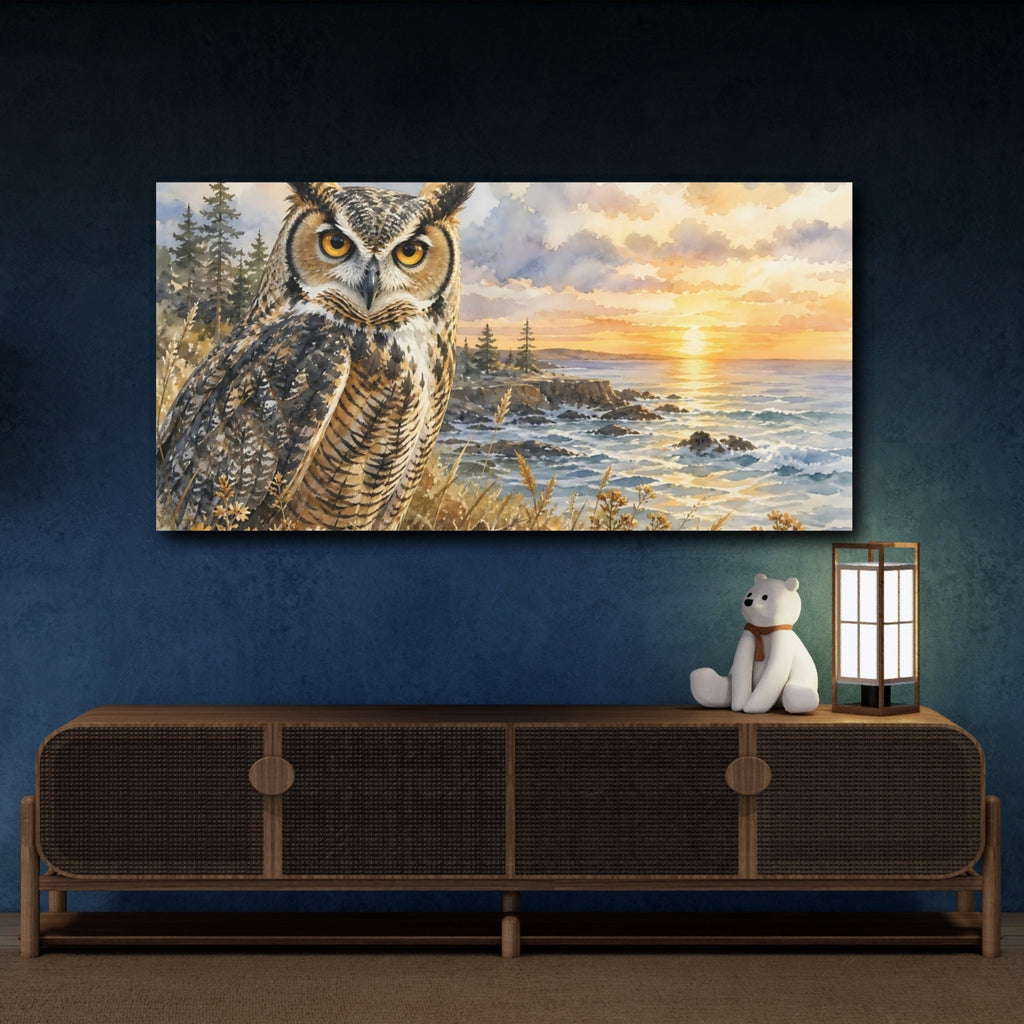 Mockup 4. Animals Owl Owl Coastal Sunset shown as stretched canvas wall art