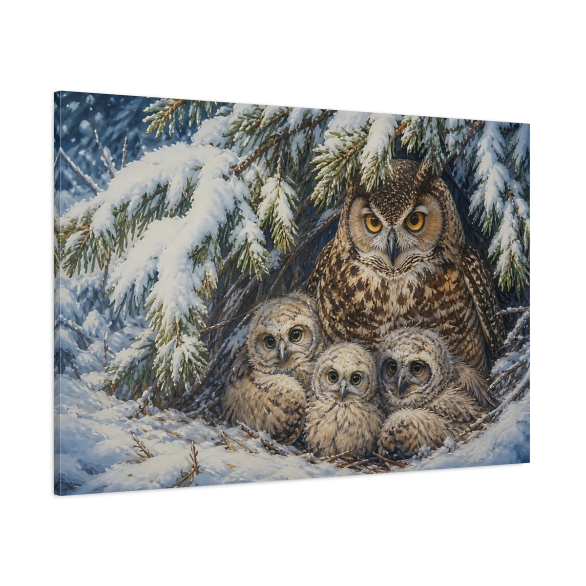 Side Mockup 1. Animals Owls Snowy Owls shown as canvas print
