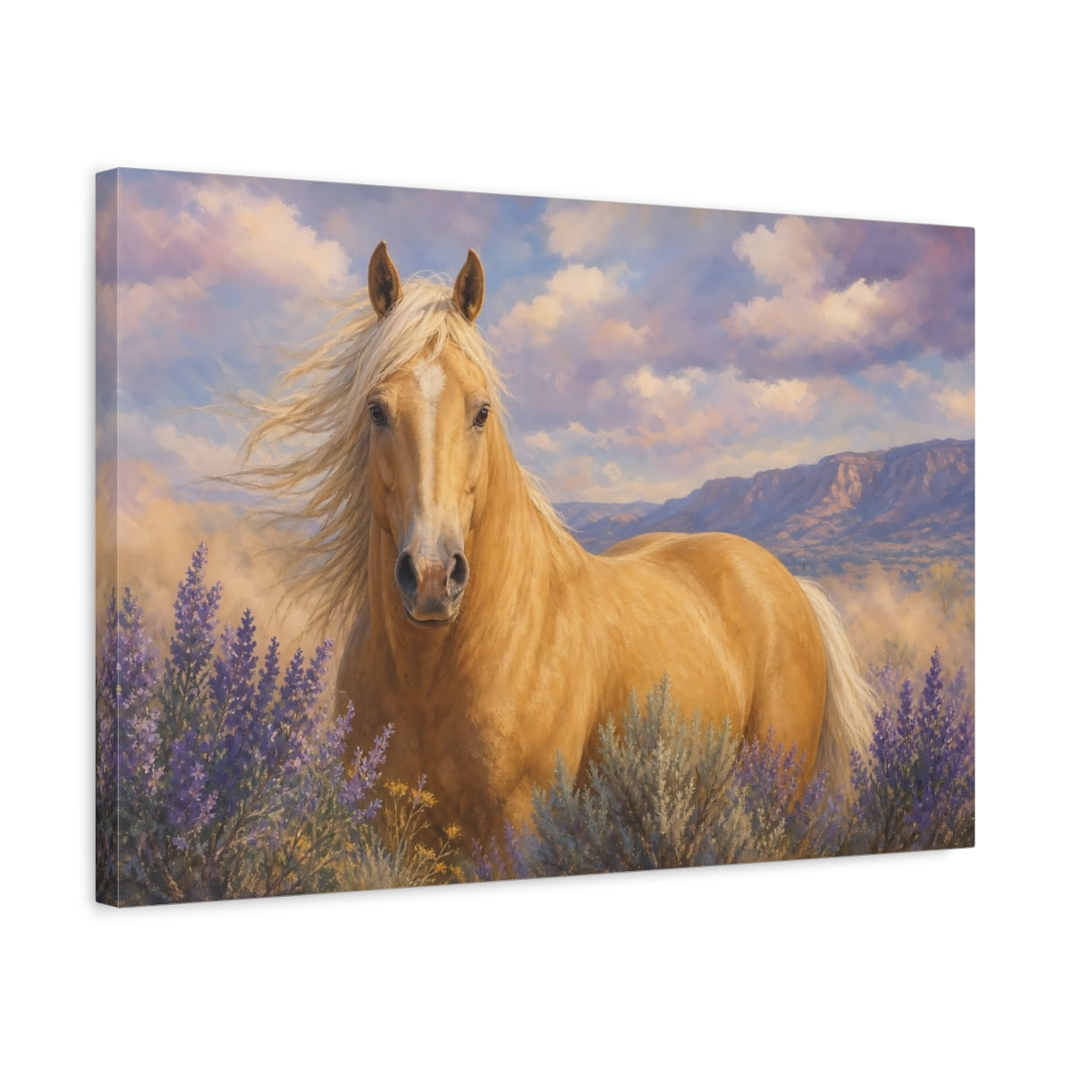 Side Mockup 3. Animals Palomino Horse Horse Lavender shown as canvas print
