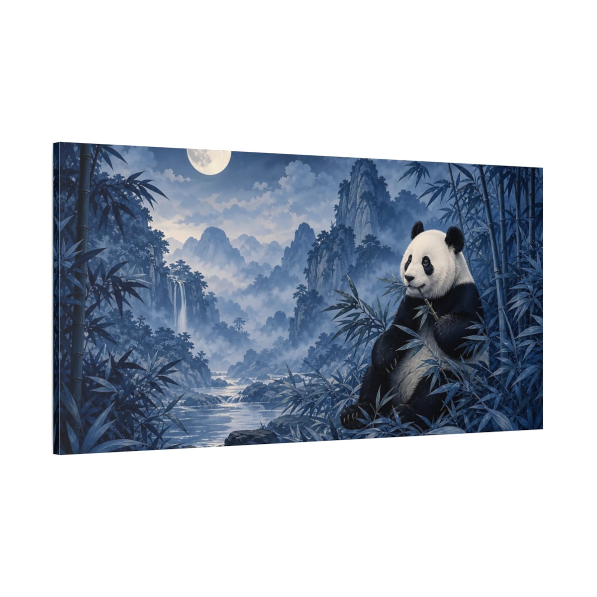 Side Mockup 2. Animals Panda Blue Panda shown as stretched canvas wall art