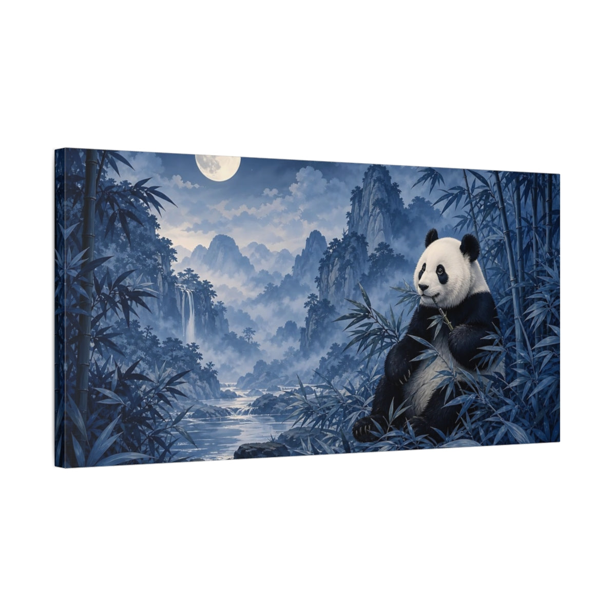 Side Mockup 1. Animals Panda Blue Panda shown as stretched canvas wall art