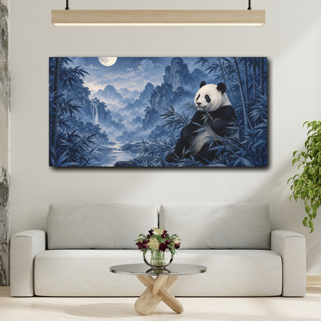 Mockup 2. Animals Panda Blue Panda shown as stretched canvas wall art