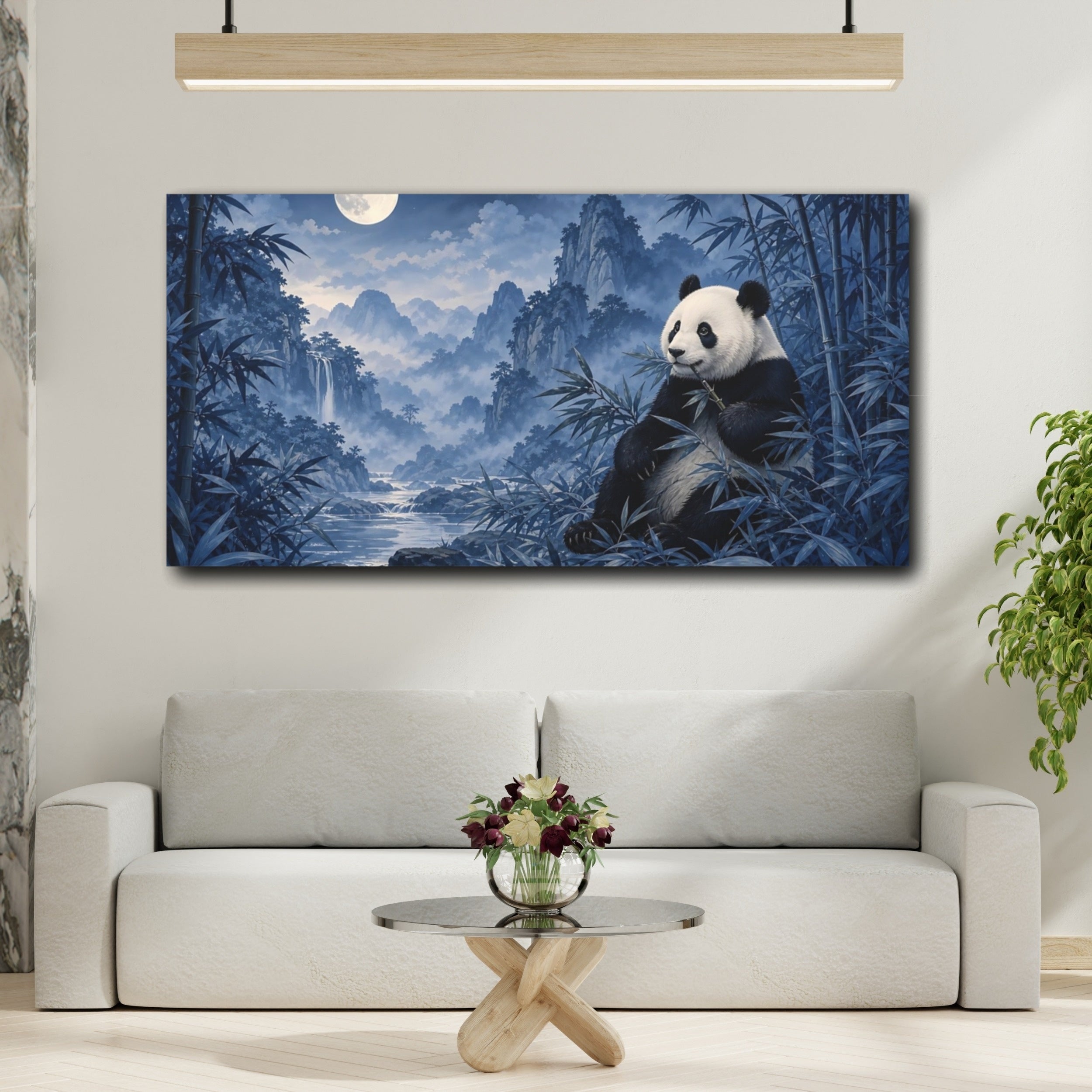 Mockup 2. Animals Panda Blue Panda shown as stretched canvas wall art