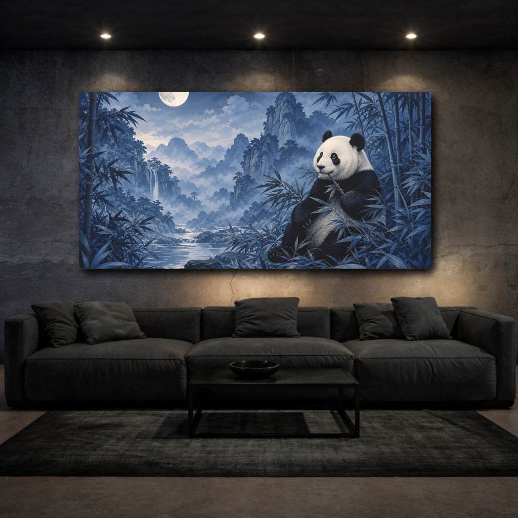 Mockup 3. Animals Panda Blue Panda shown as stretched canvas wall art