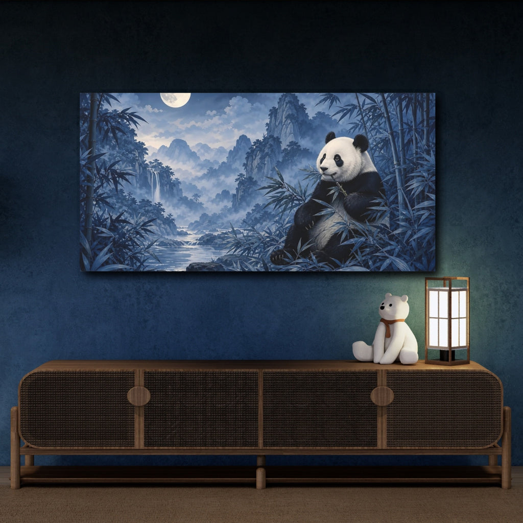 Mockup 4. Animals Panda Blue Panda shown as stretched canvas wall art