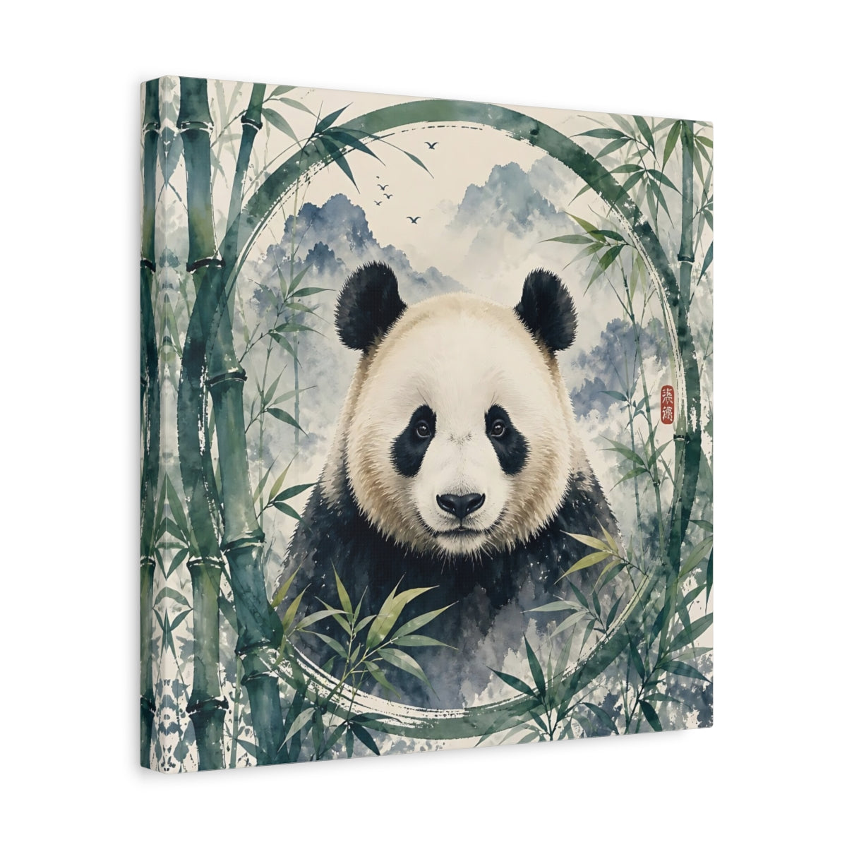 Side Mockup 7. Animals Panda Green Panda shown as stretched canvas wall art