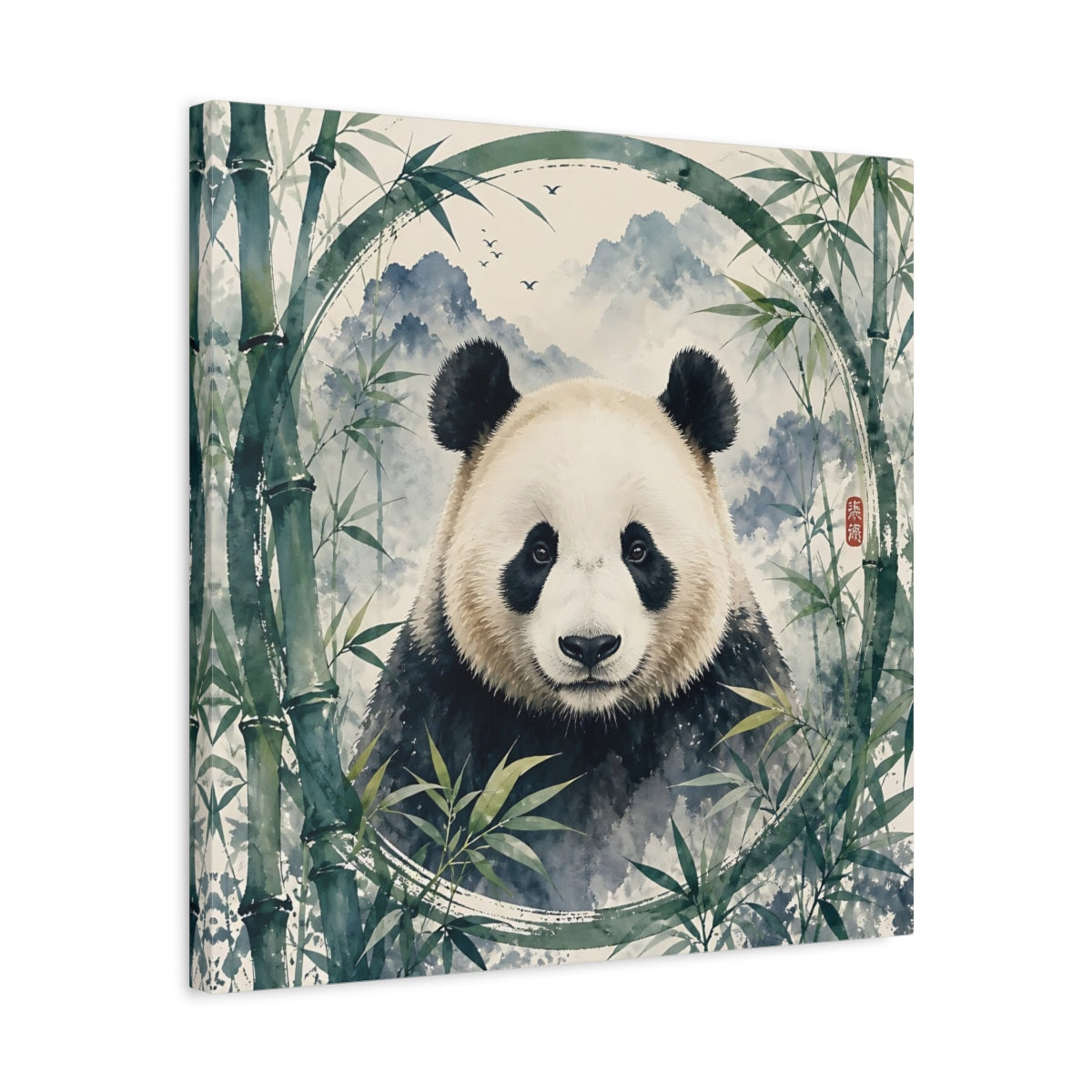 Side Mockup 5. Animals Panda Green Panda shown as stretched canvas wall art