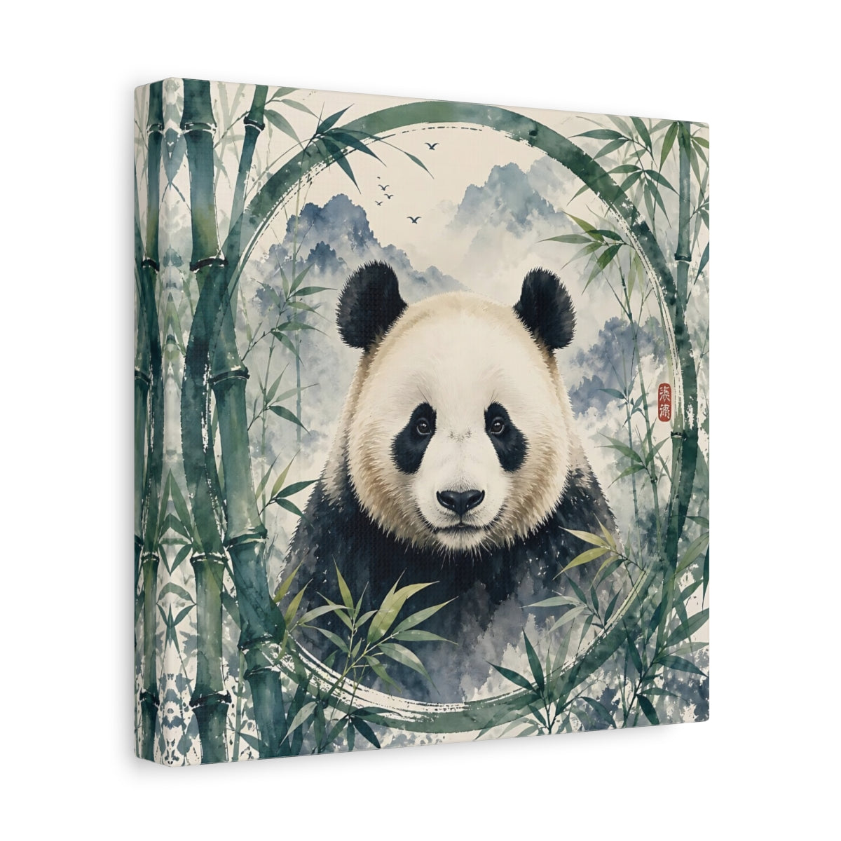 Side Mockup 9. Animals Panda Green Panda shown as stretched canvas wall art